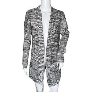 Express Sweater Women Large Black White Marled Open Front Cardigan Office Casual